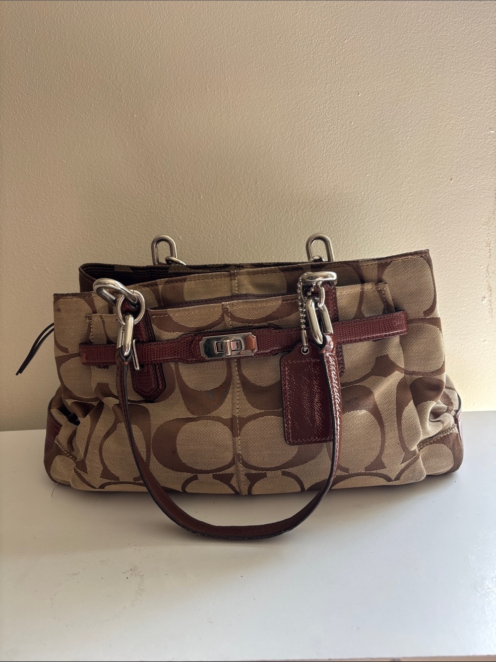 Coach Brown and Tan Signature Canvas Shoulder Bag with Leather Trim